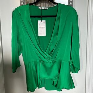 Zara green silk wrap top